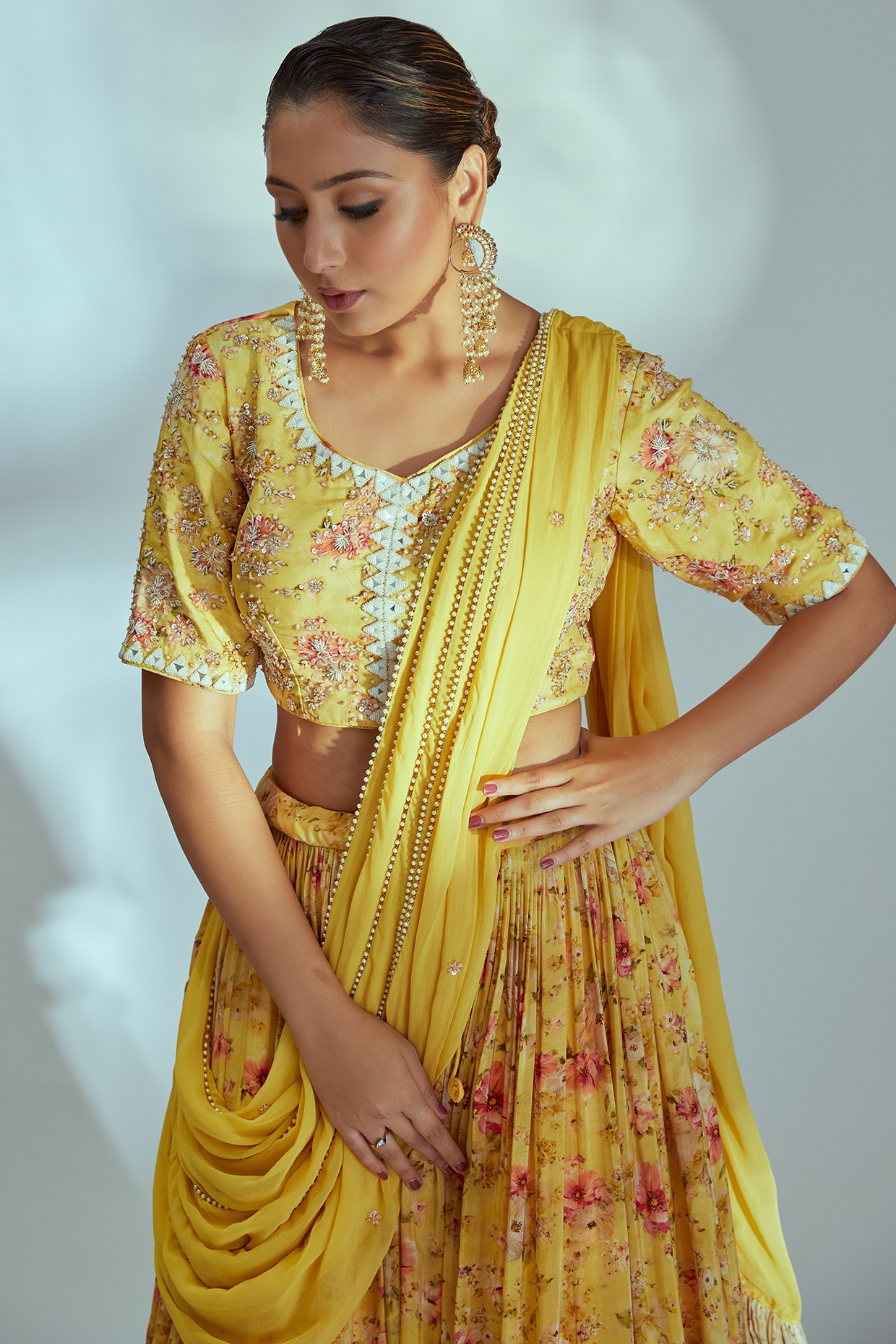 Yellow one shoulder lehenga choli with all over Embroidery – Raas