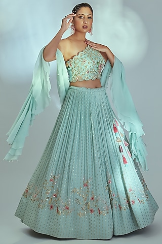 Bluish Sea Green Embroidered Lehenga Set by Suruchi Parakh