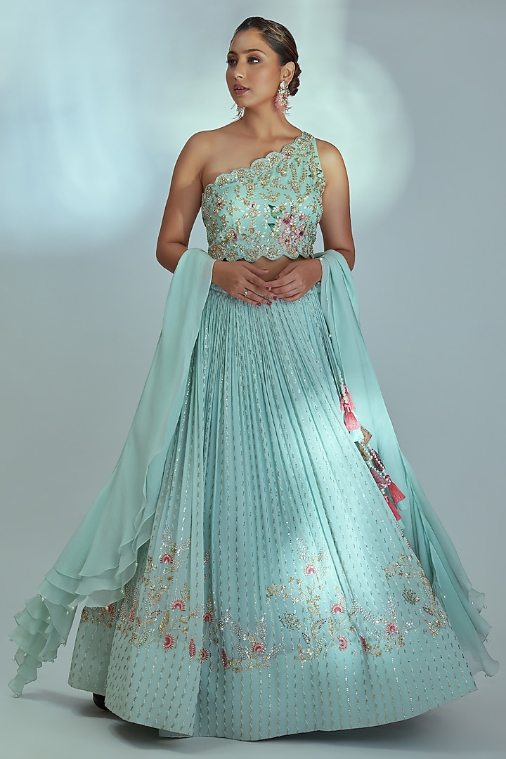 Bluish Sea Green Embroidered Wedding Lehenga Set by Suruchi Parakh at Pernia's Pop Up Shop