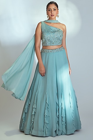 Sea Green Georgette Lehenga Set by Suruchi Parakh