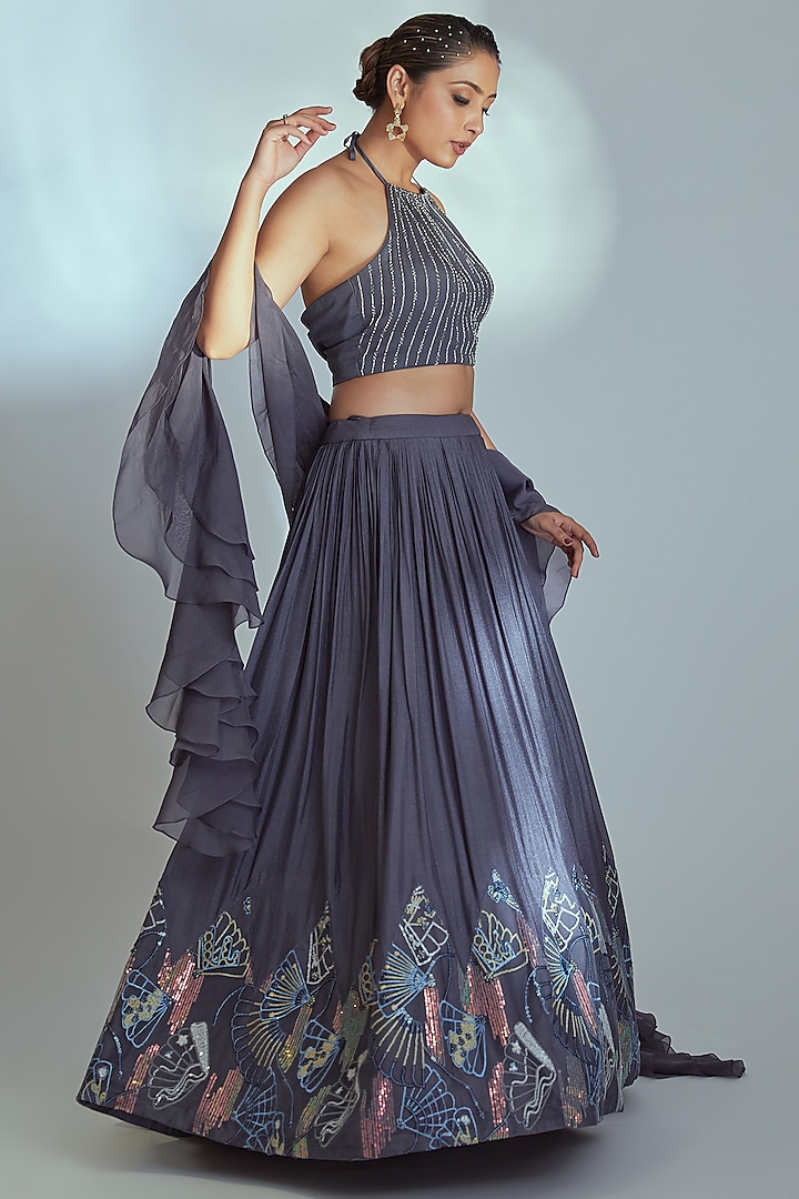 Grey Embroidered Wedding Lehenga Set by Suruchi Parakh at Pernia's Pop Up Shop