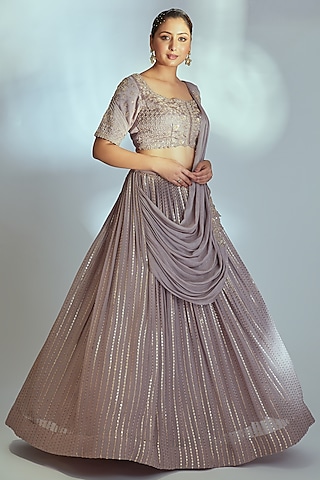 Greyish Nude Georgette Lehenga Set by Suruchi Parakh