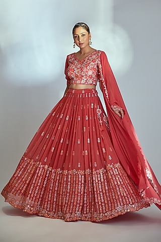 Coral Embroidered Lehenga Set by Suruchi Parakh