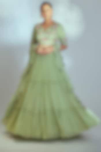 Green Georgette Layered Lehenga Set by Suruchi Parakh