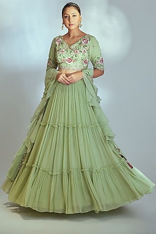 Green Georgette Layered Lehenga Set by Suruchi Parakh