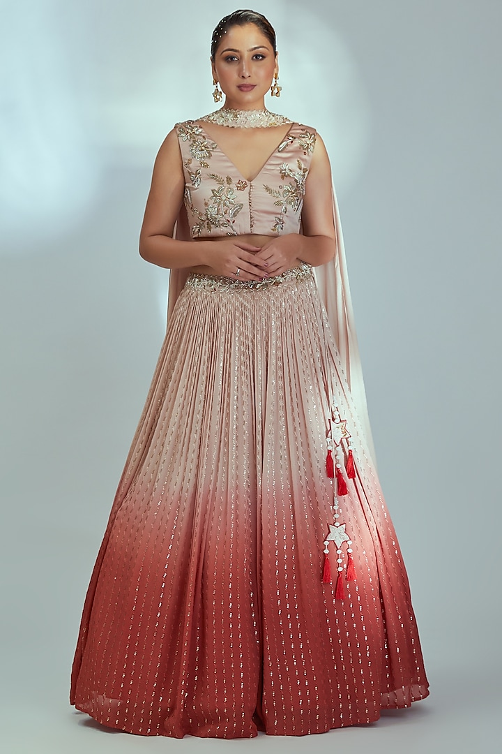 Nude & Red Ombre Georgette Lehenga Set by Suruchi Parakh