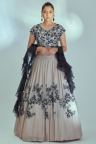 Nude & Black Lehenga Set With Embroidery by Suruchi Parakh