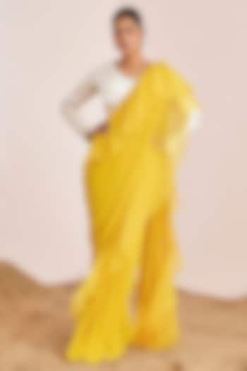 Yellow Georgette Ruffled Pre-Draped Saree Set by Suruchi Parakh at Pernia's Pop Up Shop