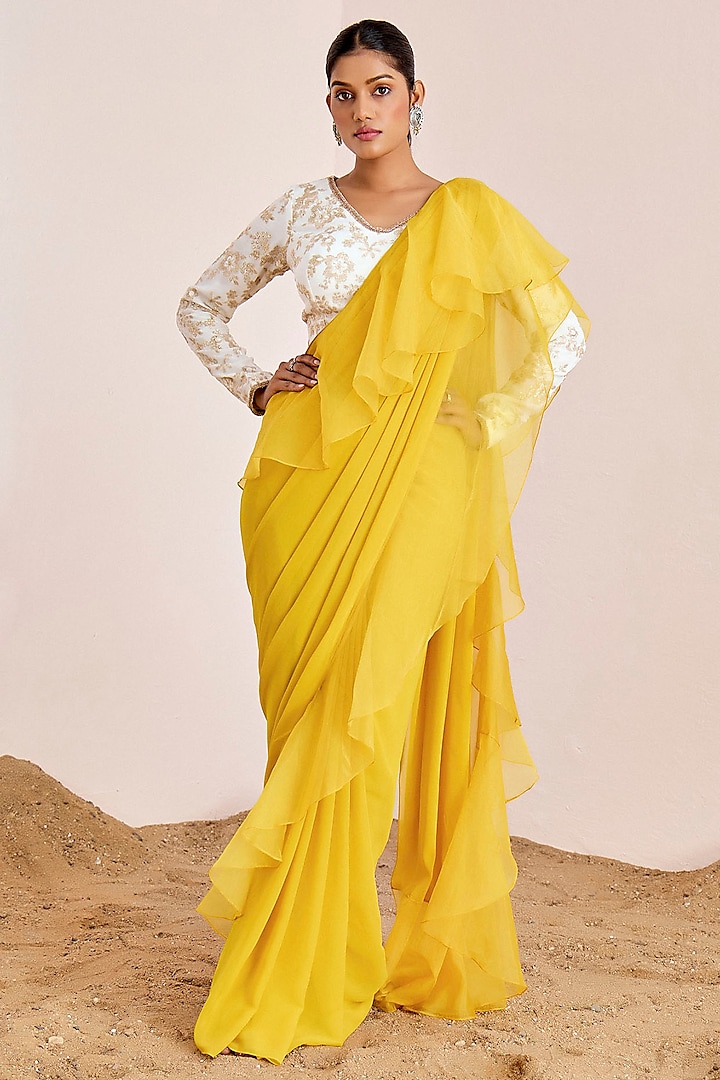 Yellow Georgette Ruffled Pre-Draped Saree Set by Suruchi Parakh at Pernia's Pop Up Shop