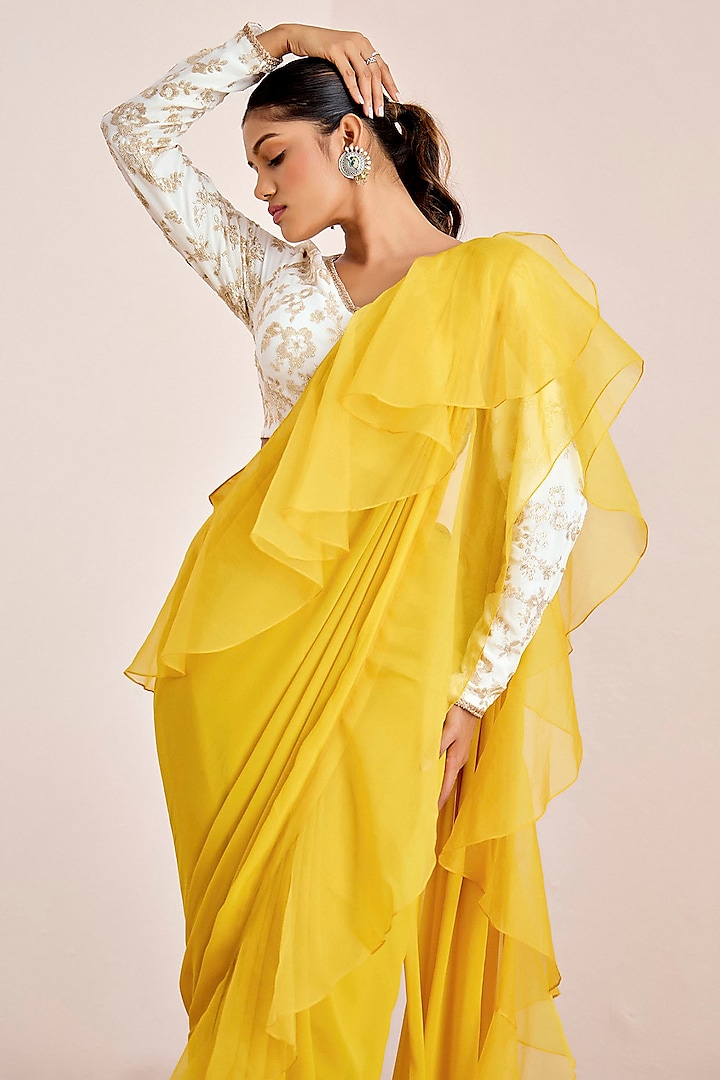 Yellow Georgette Ruffled Pre-Draped Party Wear Saree Set by Suruchi Parakh at Pernia's Pop Up Shop