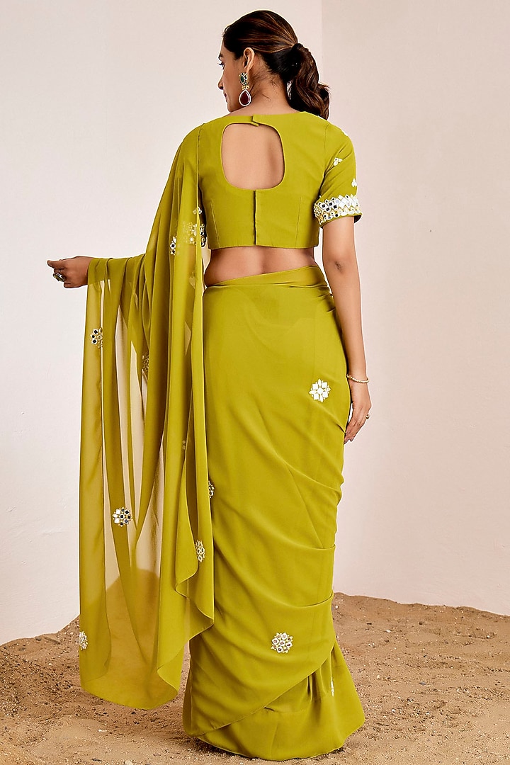 Parrot Green Georgette Mirror Work Pre-Draped Party Wear Saree Set by Suruchi Parakh at Pernia's Pop Up Shop