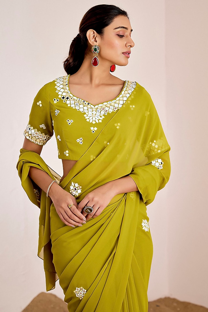 Parrot Green Georgette Mirror Work Pre-Draped Party Wear Saree Set by Suruchi Parakh at Pernia's Pop Up Shop