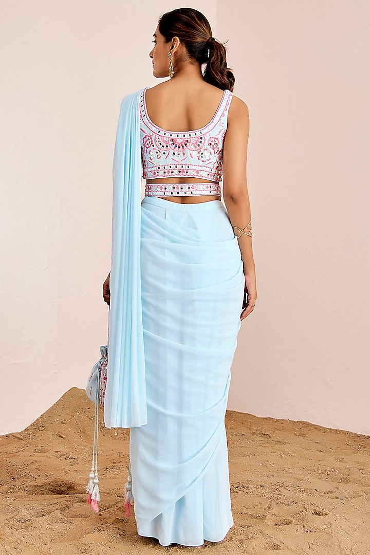 Powder Blue Georgette Pre-Draped Wedding Saree Set by Suruchi Parakh at Pernia's Pop Up Shop