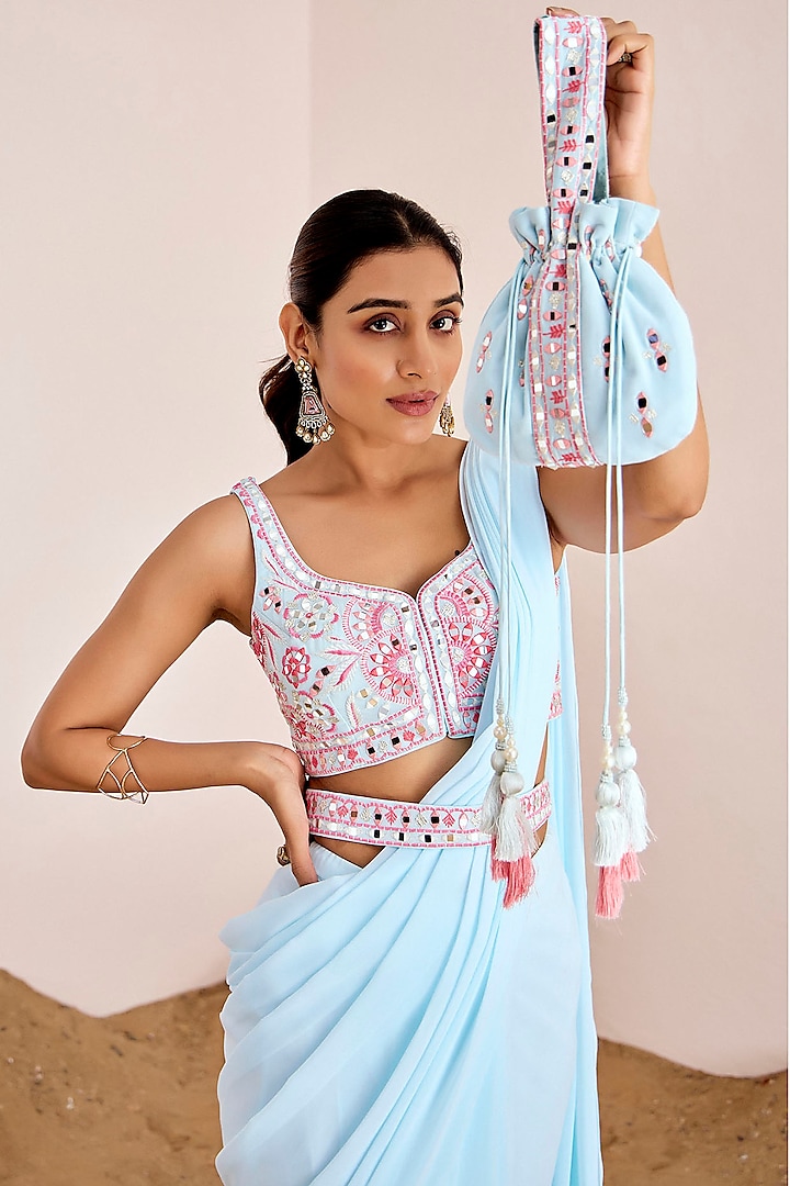 Powder Blue Georgette Pre-Draped Wedding Saree Set by Suruchi Parakh at Pernia's Pop Up Shop