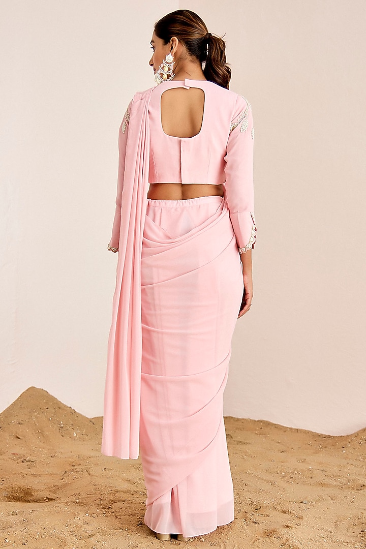 Blush Pink Georgette Pre-Draped Wedding Saree Set by Suruchi Parakh at Pernia's Pop Up Shop