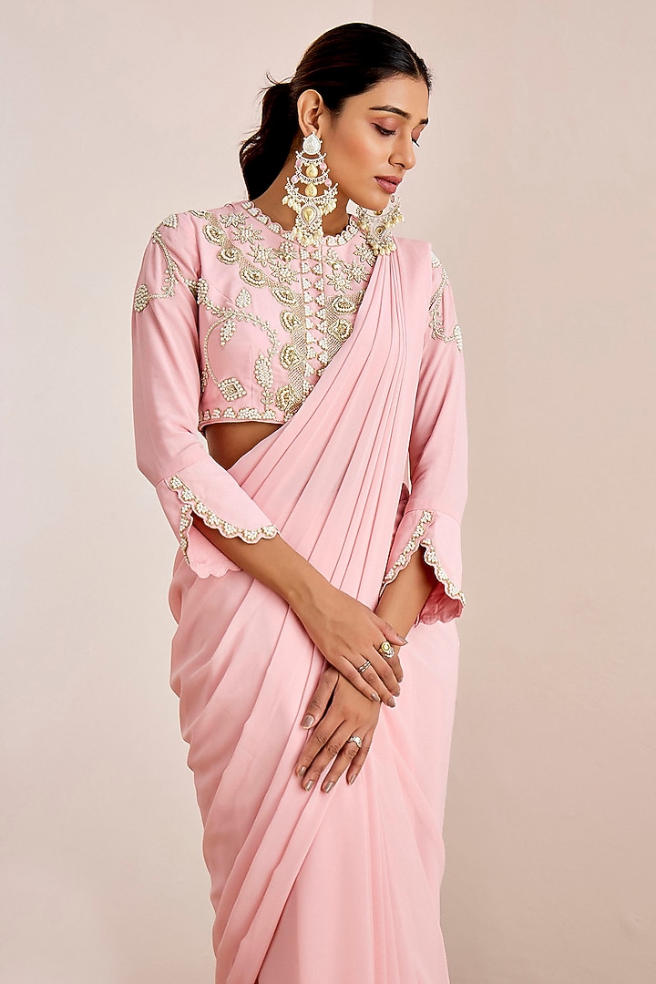 Blush Pink Georgette Pre-Draped Wedding Saree Set by Suruchi Parakh at Pernia's Pop Up Shop