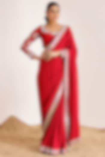 Red Georgette Mirror Work Saree Set by Suruchi Parakh at Pernia's Pop Up Shop