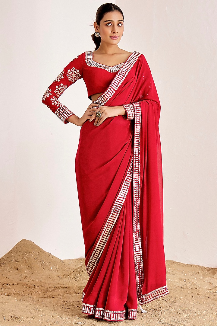 Red Georgette Mirror Work Saree Set by Suruchi Parakh at Pernia's Pop Up Shop