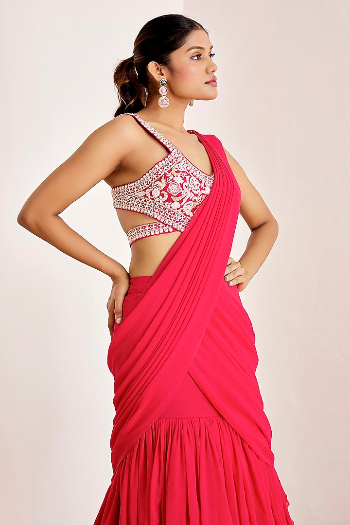 Rani Pink Georgette Pre-Draped Skirt Wedding Saree Set by Suruchi Parakh at Pernia's Pop Up Shop