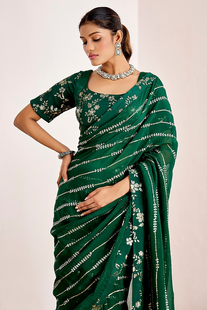 Bottle Green Organza Sequins Embroidered Wedding Saree Set by Suruchi Parakh at Pernia's Pop Up Shop