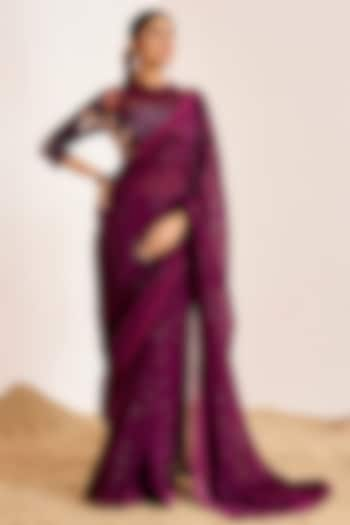 Wine Organza Sequins Saree Set by Suruchi Parakh at Pernia's Pop Up Shop