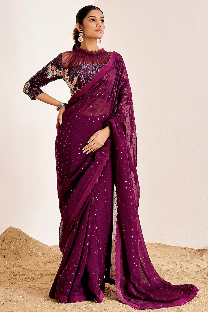 Wine Organza Sequins Saree Set by Suruchi Parakh at Pernia's Pop Up Shop