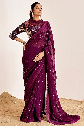 Wine Organza Sequins Saree Set by Suruchi Parakh