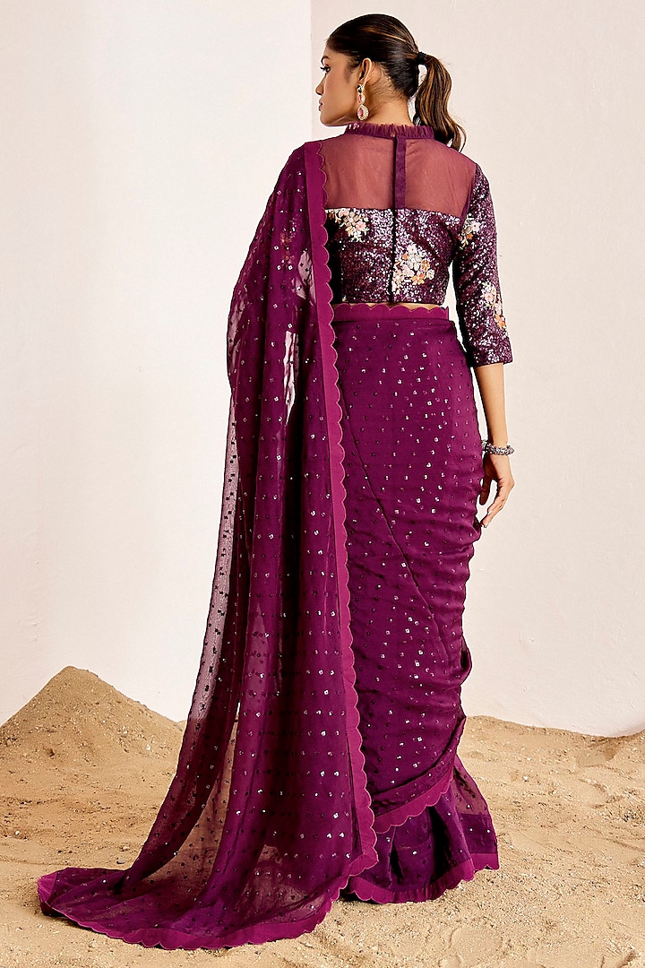 Wine Organza Sequins Wedding Saree Set by Suruchi Parakh at Pernia's Pop Up Shop