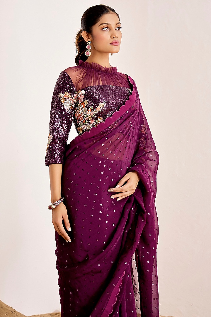 Wine Organza Sequins Wedding Saree Set by Suruchi Parakh at Pernia's Pop Up Shop