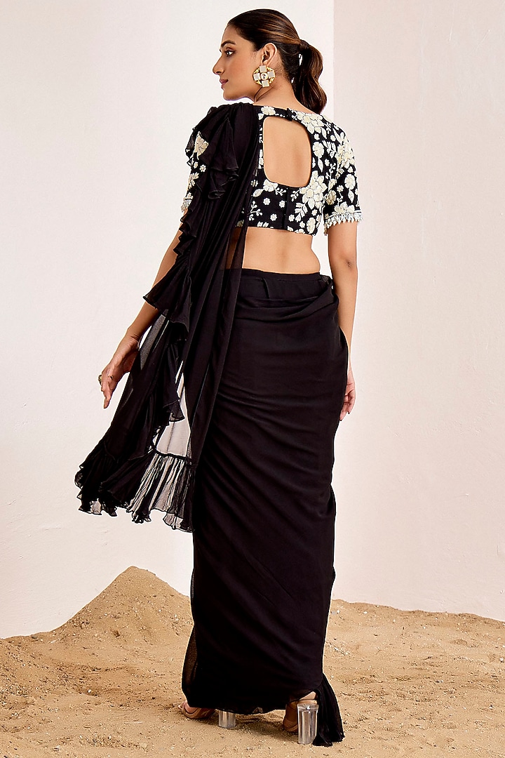 Black Georgette Pre-Draped Ruffled Wedding Saree Set by Suruchi Parakh at Pernia's Pop Up Shop