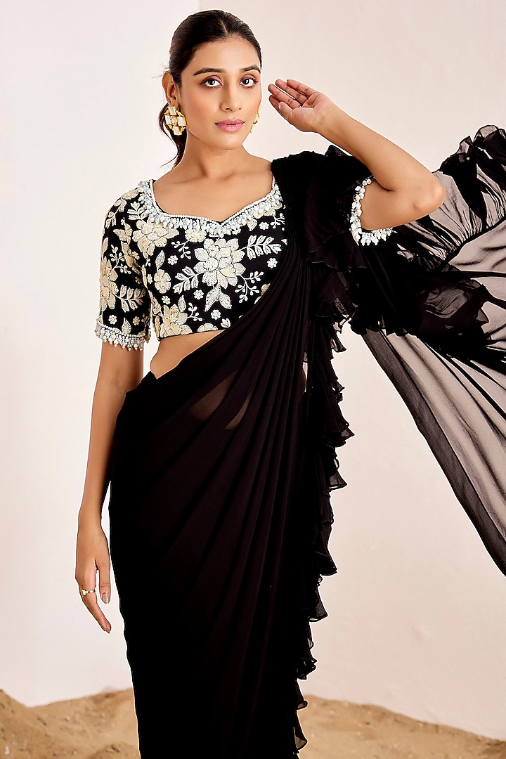 Black Georgette Pre-Draped Ruffled Wedding Saree Set by Suruchi Parakh at Pernia's Pop Up Shop