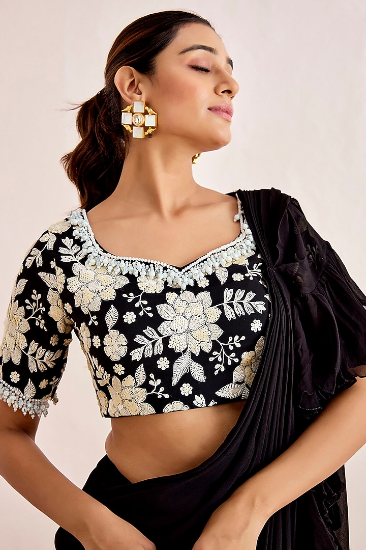 Black Georgette Pre-Draped Ruffled Wedding Saree Set by Suruchi Parakh at Pernia's Pop Up Shop