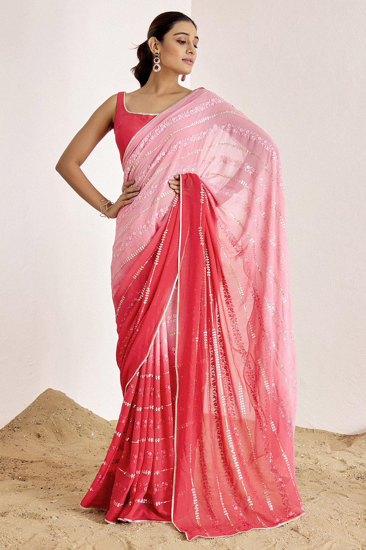 Rose Pink & Red Georgette Sequins Embroidered Shaded Party Wear Saree Set by Suruchi Parakh at Pernia's Pop Up Shop