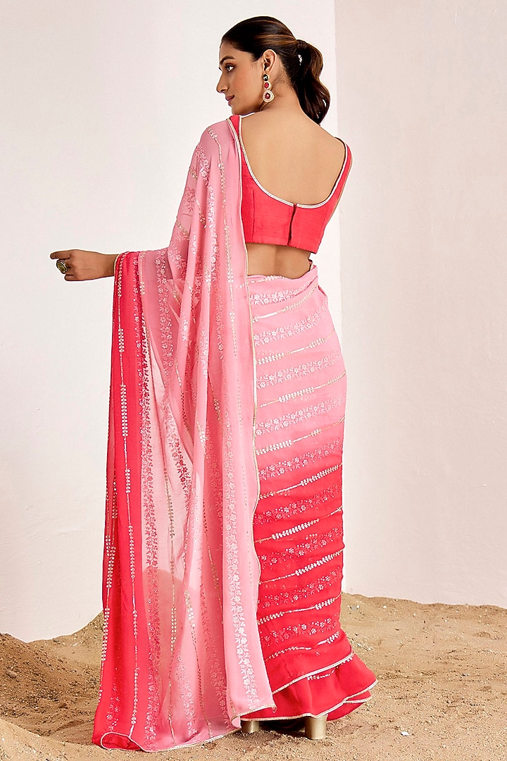 Rose Pink & Red Georgette Sequins Embroidered Shaded Party Wear Saree Set by Suruchi Parakh at Pernia's Pop Up Shop