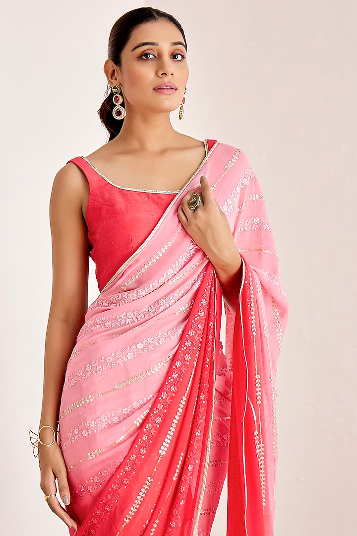Rose Pink & Red Georgette Sequins Embroidered Shaded Party Wear Saree Set by Suruchi Parakh at Pernia's Pop Up Shop
