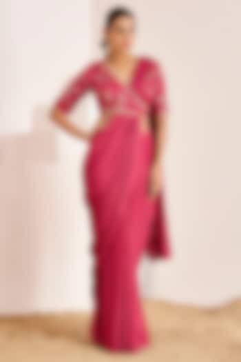 Magenta Georgette Crepe Pre-Draped Party Wear Saree Set by Suruchi Parakh at Pernia's Pop Up Shop