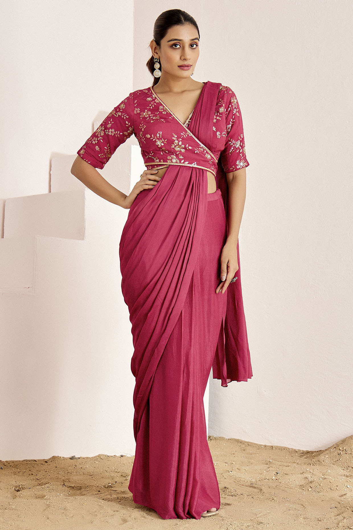 Magenta Georgette Crepe Pre-Draped Party Wear Saree Set by Suruchi Parakh at Pernia's Pop Up Shop