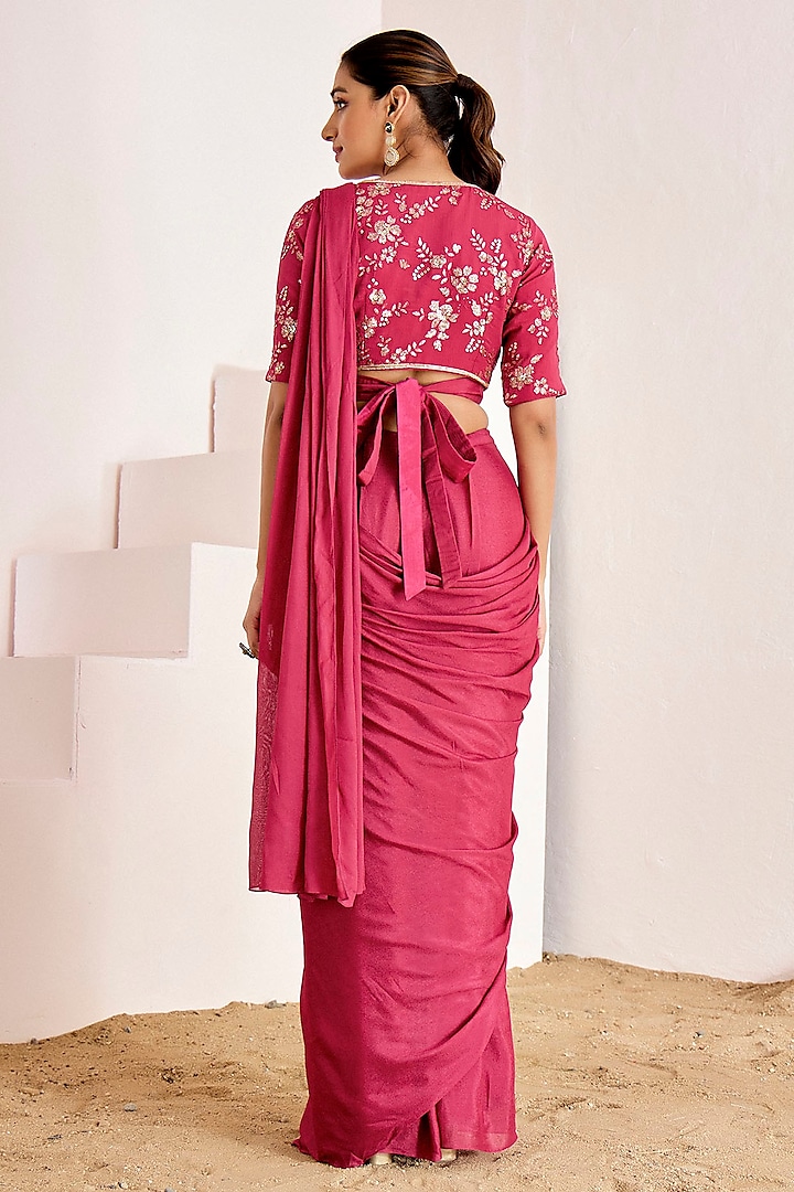 Magenta Georgette Crepe Pre-Draped Wedding Saree Set by Suruchi Parakh at Pernia's Pop Up Shop