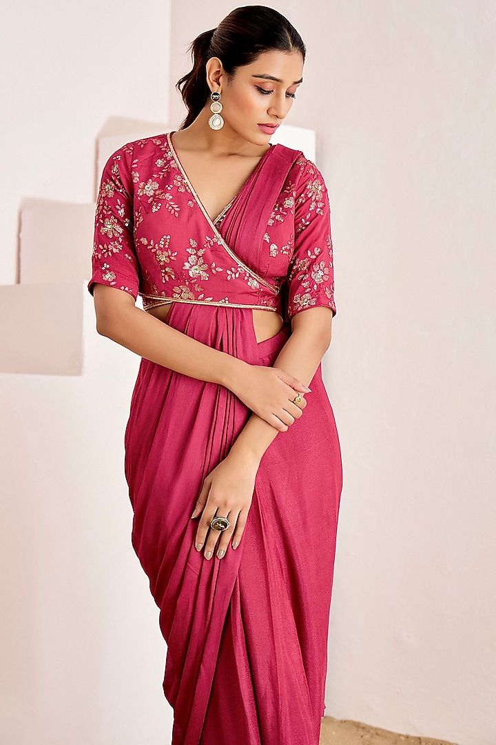 Magenta Georgette Crepe Pre-Draped Wedding Saree Set by Suruchi Parakh at Pernia's Pop Up Shop