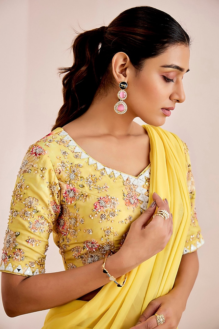 Bright Yellow Georgette Crepe Pre-Draped Wedding Saree Set by Suruchi Parakh at Pernia's Pop Up Shop