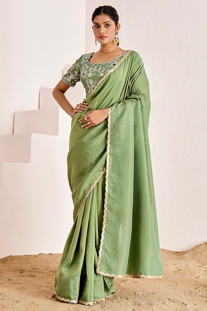 Dusty Green Shimmer Georgette Silk Saree Set by Suruchi Parakh at Pernia's Pop Up Shop