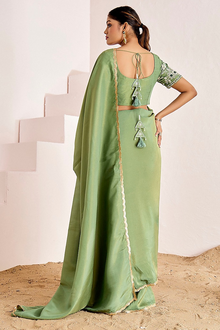 Dusty Green Shimmer Georgette Silk Wedding Saree Set by Suruchi Parakh at Pernia's Pop Up Shop