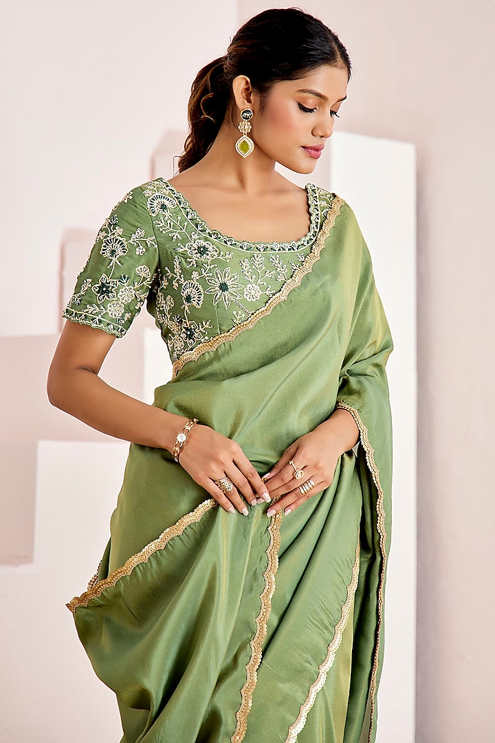 Dusty Green Shimmer Georgette Silk Wedding Saree Set by Suruchi Parakh at Pernia's Pop Up Shop