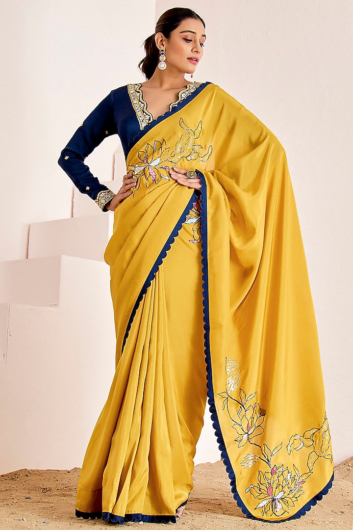 Mustard Yellow Shimmer Georgette Silk Sequins Work Saree Set by Suruchi Parakh at Pernia's Pop Up Shop