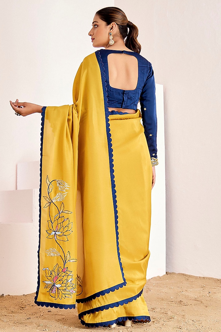 Mustard Yellow Shimmer Georgette Silk Sequins Work Wedding Saree Set by Suruchi Parakh at Pernia's Pop Up Shop