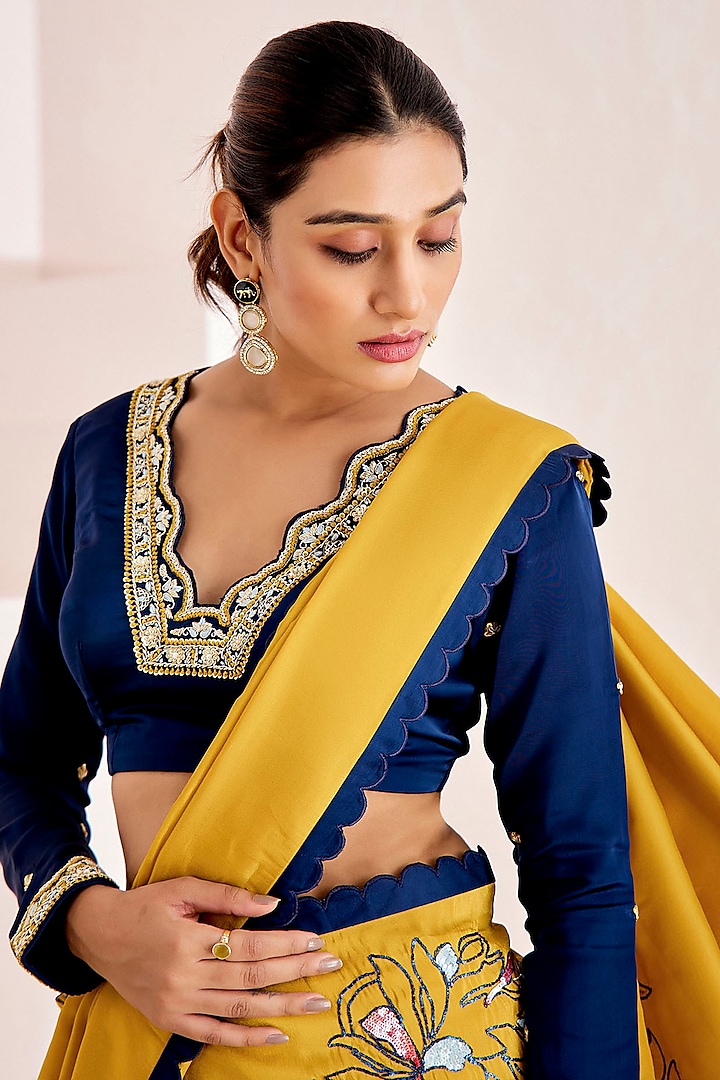 Mustard Yellow Shimmer Georgette Silk Sequins Work Saree Set by