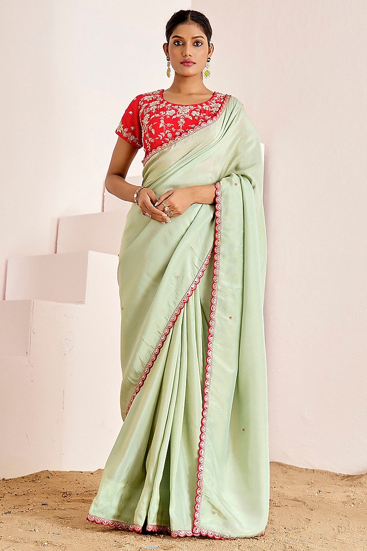 Mint Shimmer Georgette Silk Cutwork Saree Set by Suruchi Parakh at Pernia's Pop Up Shop