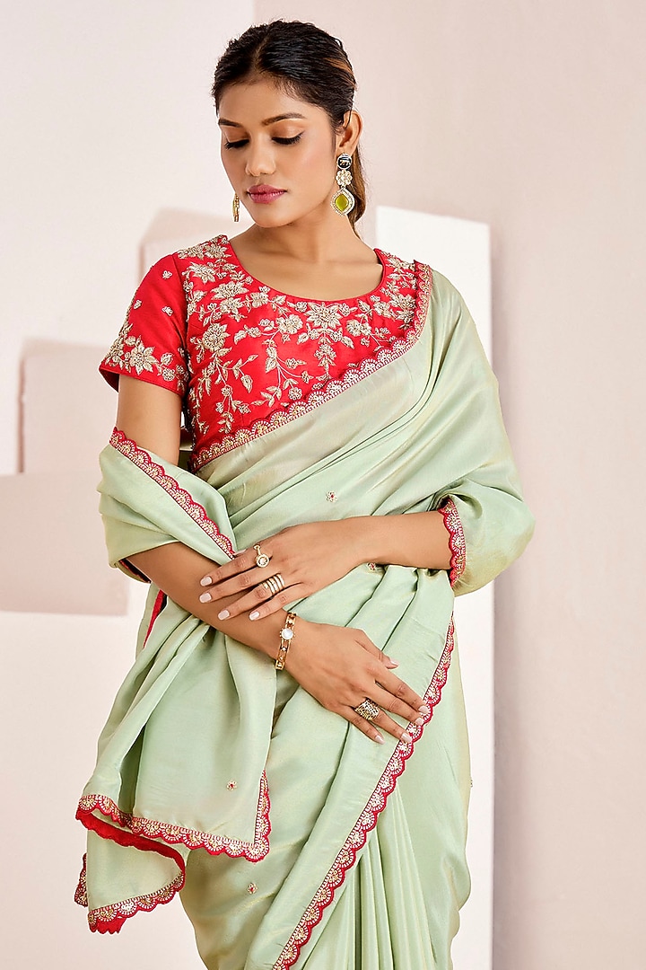 Mint Shimmer Georgette Silk Cutwork Wedding Saree Set by Suruchi Parakh at Pernia's Pop Up Shop