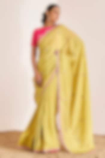 Greenish Yellow Shimmer Georgette Silk Saree Set by Suruchi Parakh at Pernia's Pop Up Shop