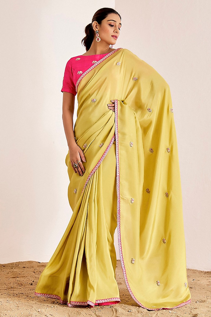 Greenish Yellow Shimmer Georgette Silk Saree Set by Suruchi Parakh at Pernia's Pop Up Shop